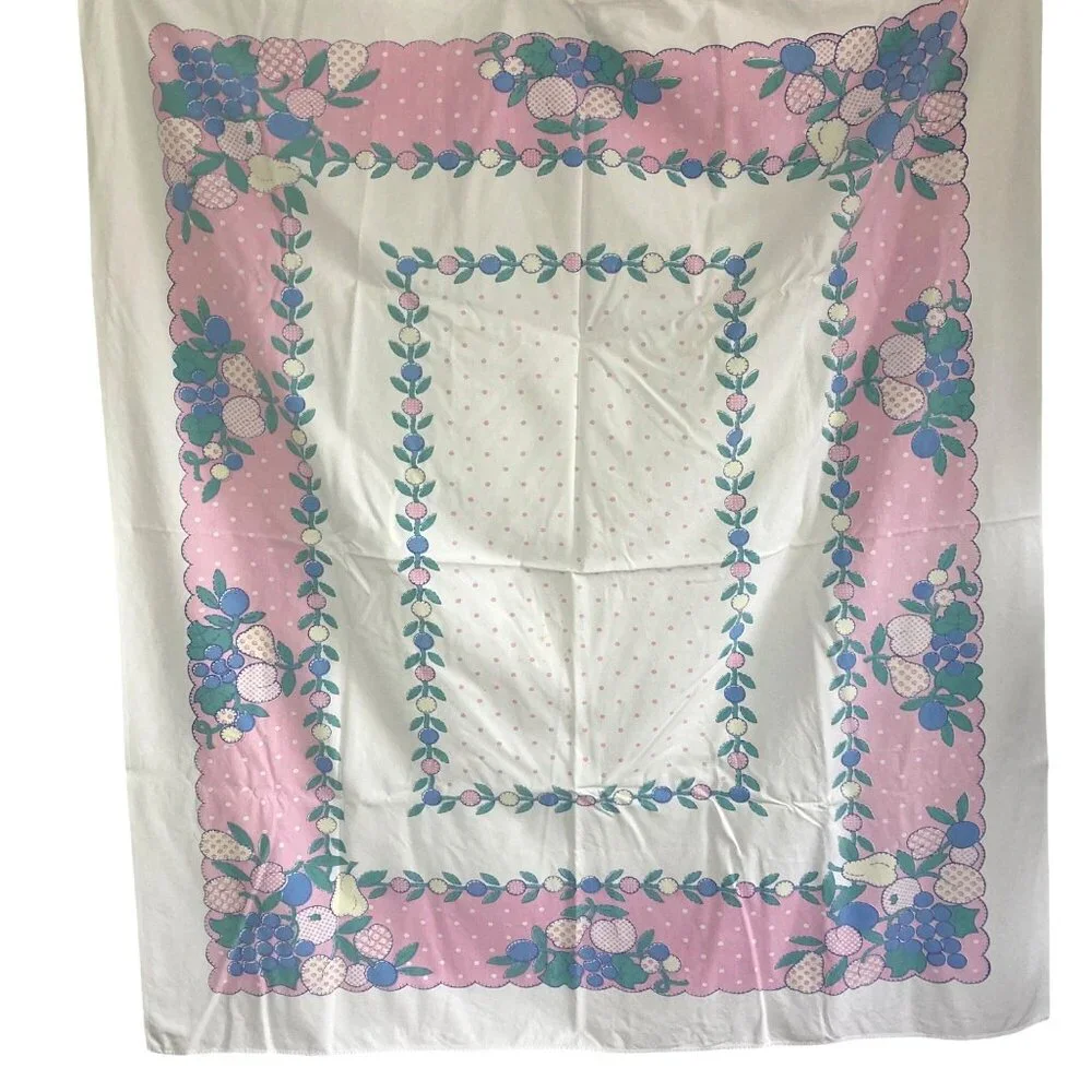 Vintage Fruit Tablecloth Pink Blue 51x 58 Cotton Mid Century Spring Summer